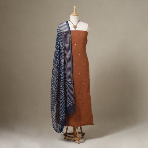 Brown Jamdani Cotton Dress Material with Jewellery Set