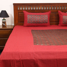 Red Jacquard with Ajrakh Modal Silk Patch Cotton Bedsheet Setred 