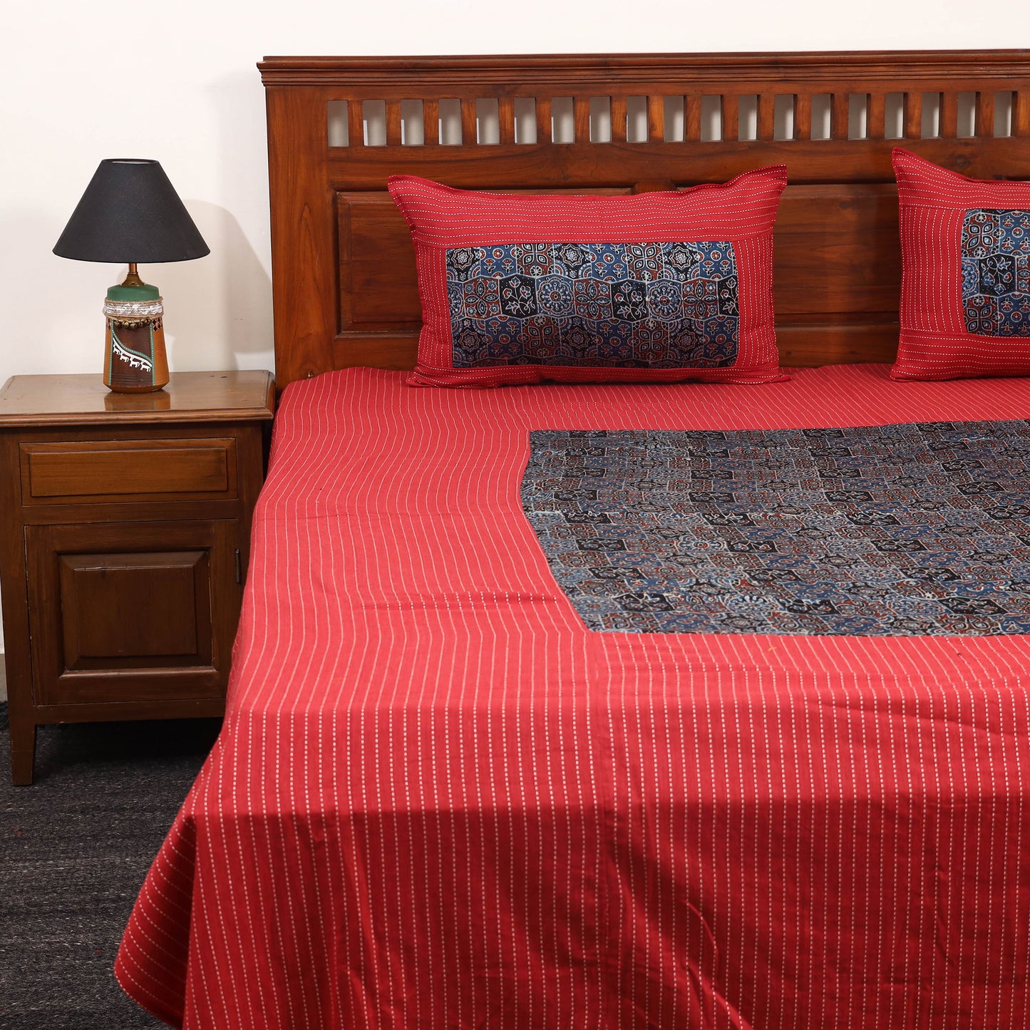 Red - jacquard with modal silk patch cotton bedsheet set 01