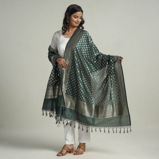 Green - Banarasi Semi Silk Zari Jaal Dupatta with Tassels 27