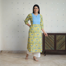 Yellow Block Print Cotton Straight Pintuck Sanganeri Kurta 