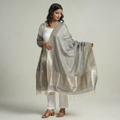 Grey - Banarasi Semi Silk Zari Jaal Dupatta with Tassels 28