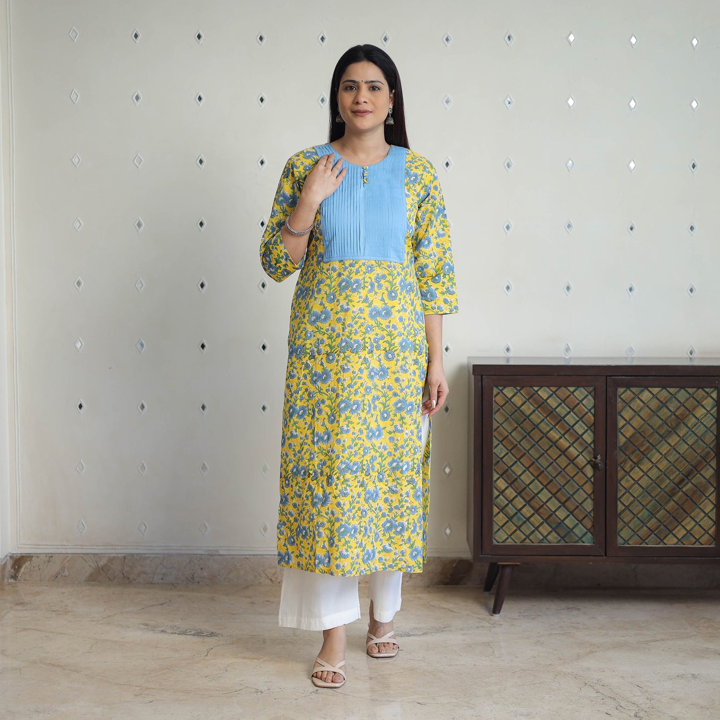 Yellow - Block Print Cotton Straight Pintuck Sanganeri Kurta 12