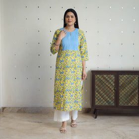 Yellow Block Print Cotton Straight Pintuck Sanganeri Kurta 