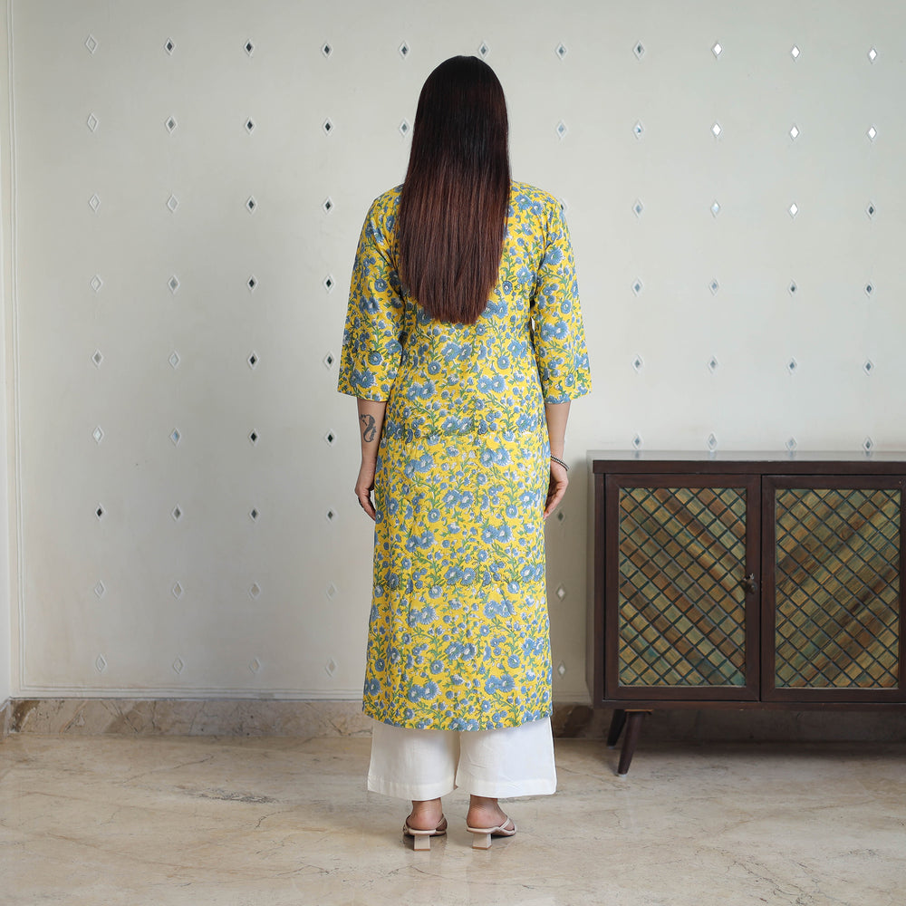 Yellow - Block Print Cotton Straight Pintuck Sanganeri Kurta 12