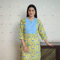 Yellow Block Print Cotton Straight Pintuck Sanganeri Kurta 
