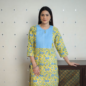 Yellow Block Print Cotton Straight Pintuck Sanganeri Kurta 