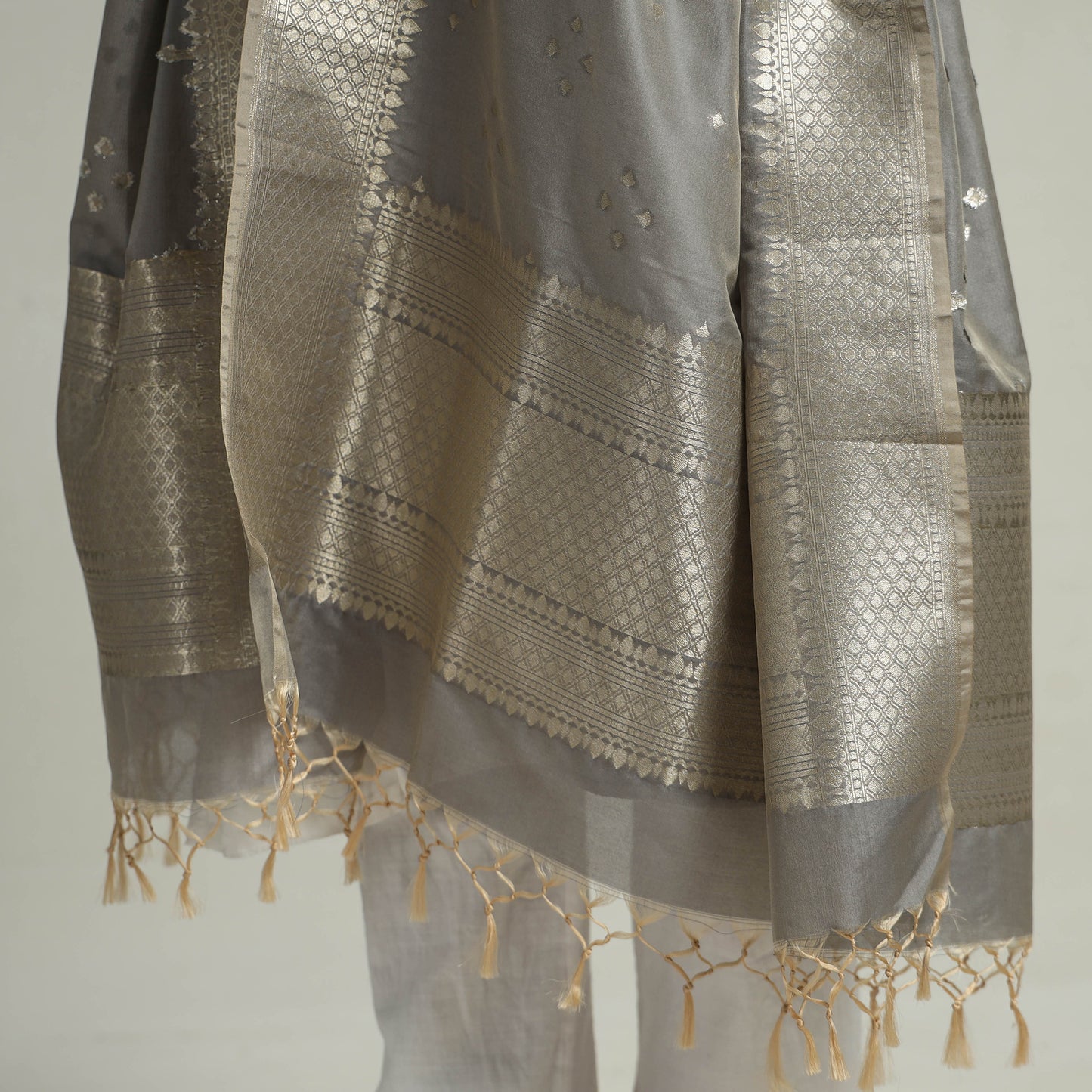 Grey - Banarasi Semi Silk Zari Jaal Dupatta with Tassels 28