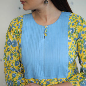 Yellow Block Print Cotton Straight Pintuck Sanganeri Kurta 