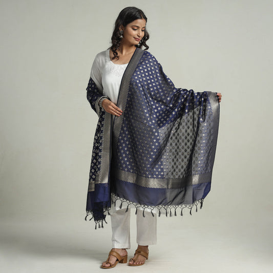 Blue - Banarasi Semi Silk Zari Jaal Dupatta with Tassels 29