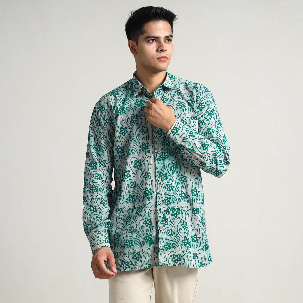 Green - Hand Batik Printed Cotton Men Full Sleeve Shirt 12