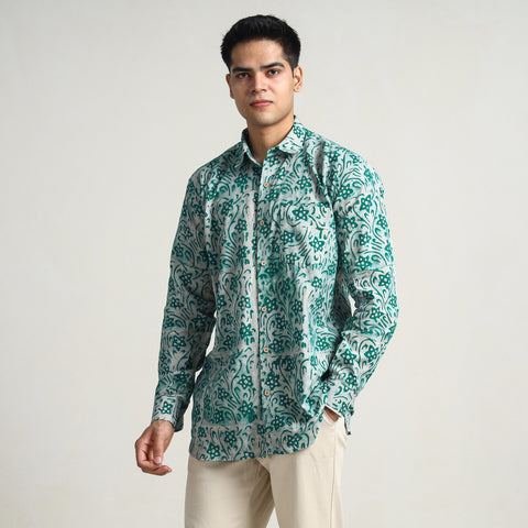 Green - Hand Batik Printed Cotton Men Full Sleeve Shirt 12