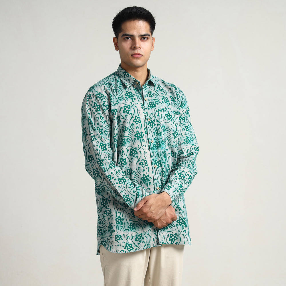 Green - Hand Batik Printed Cotton Men Full Sleeve Shirt 12