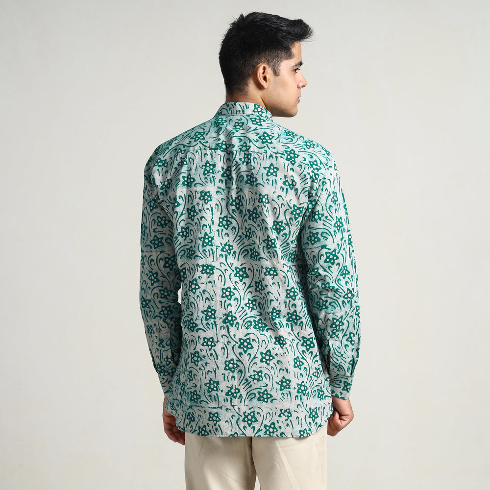 Green - Hand Batik Printed Cotton Men Full Sleeve Shirt 12