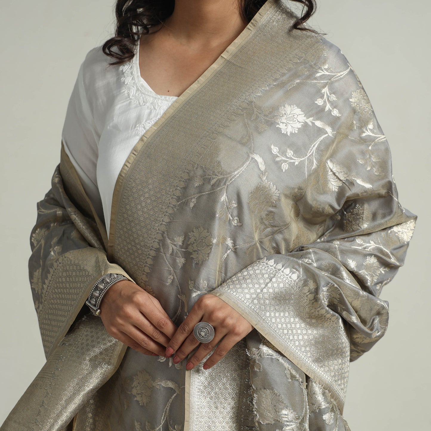 Grey - Banarasi Semi Silk Zari Jaal Dupatta with Tassels 30