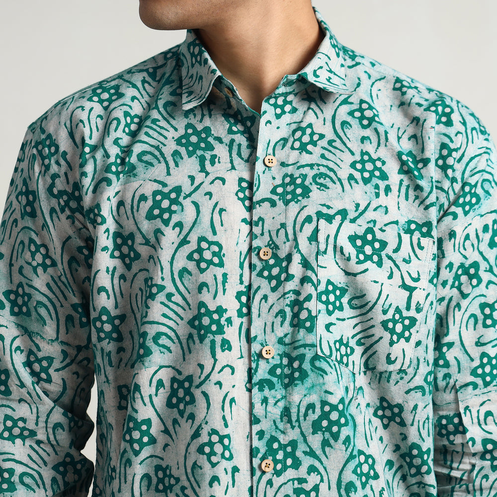 Green - Hand Batik Printed Cotton Men Full Sleeve Shirt 12