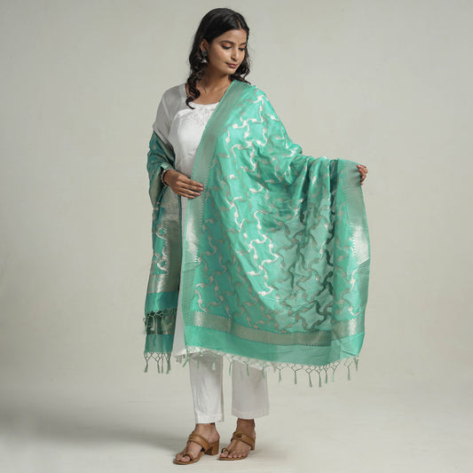 Green - Banarasi Semi Silk Zari Jaal Dupatta with Tassels 31