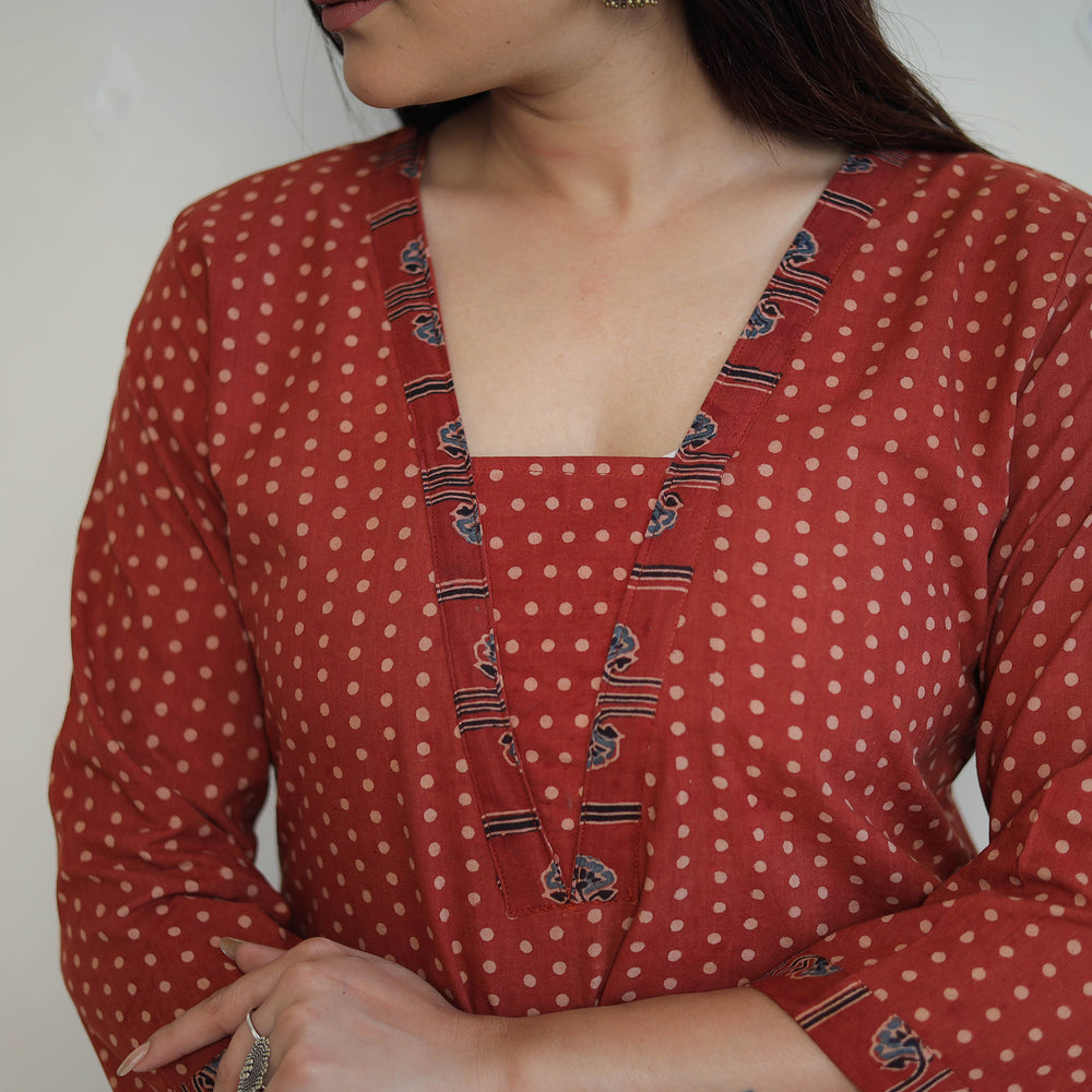 Red - Block Printed Cotton Straight Ajrakh Kurta 34