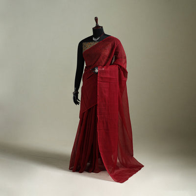Red - Nazaakat Kota Doria Cotton Plain Saree with Blouse & Jewellery Set 132