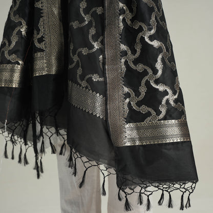 Black - Banarasi Semi Silk Zari Jaal Dupatta with Tassels 32