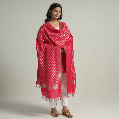Red - Banarasi Semi Silk Zari Jaal Dupatta with Tassels 33