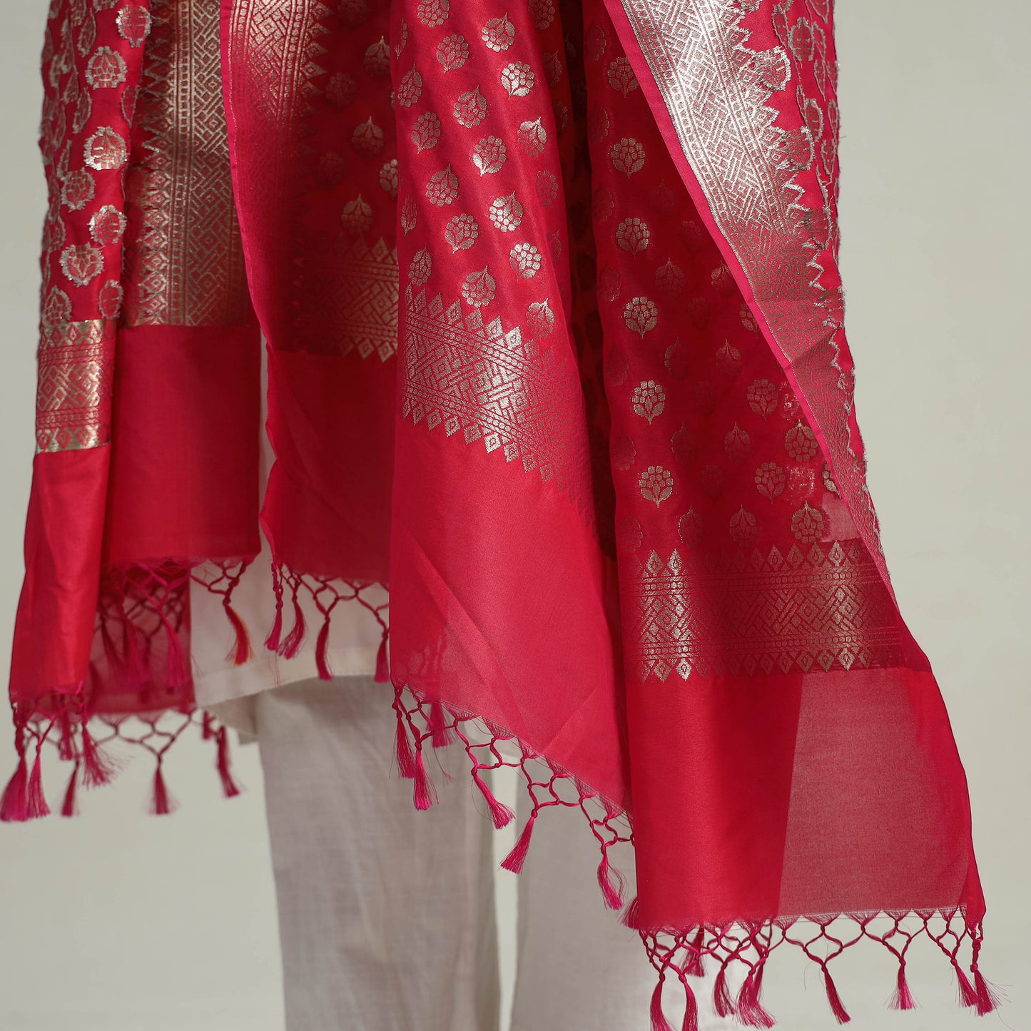 Red - Banarasi Semi Silk Zari Jaal Dupatta with Tassels 33