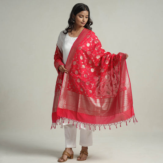 Red - Banarasi Semi Silk Zari Jaal Dupatta with Tassels 34