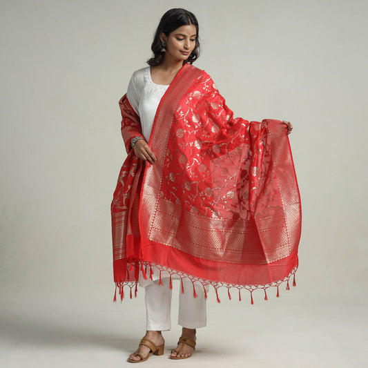 Red - Banarasi Semi Silk Zari Jaal Dupatta with Tassels 35