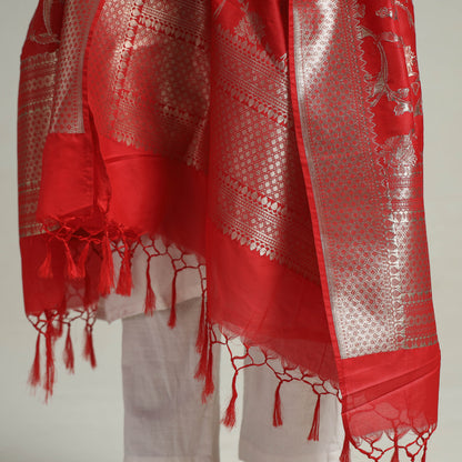 Red - Banarasi Semi Silk Zari Jaal Dupatta with Tassels 35