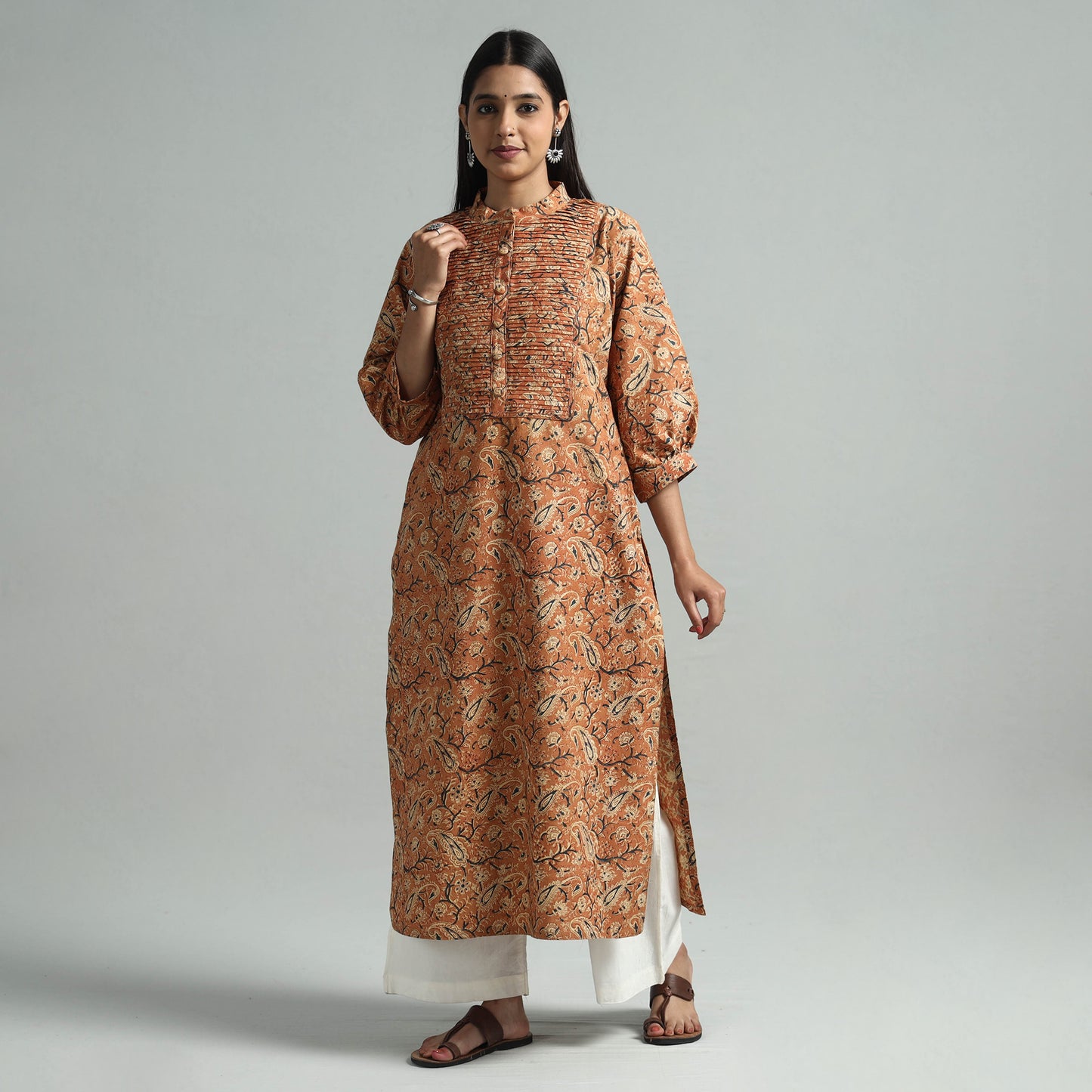 Orange - Pedana Kalamkari Hand Block Printed Cotton Pintuck Straight Kurta