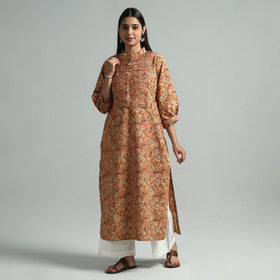 Orange - Pedana Kalamkari Hand Block Printed Cotton Pintuck Straight Kurta