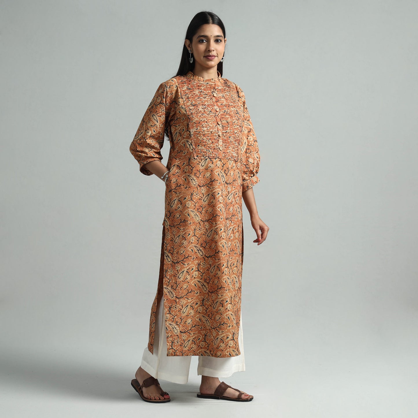 Orange - Pedana Kalamkari Hand Block Printed Cotton Pintuck Straight Kurta