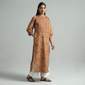 Orange - Pedana Kalamkari Hand Block Printed Cotton Pintuck Straight Kurta