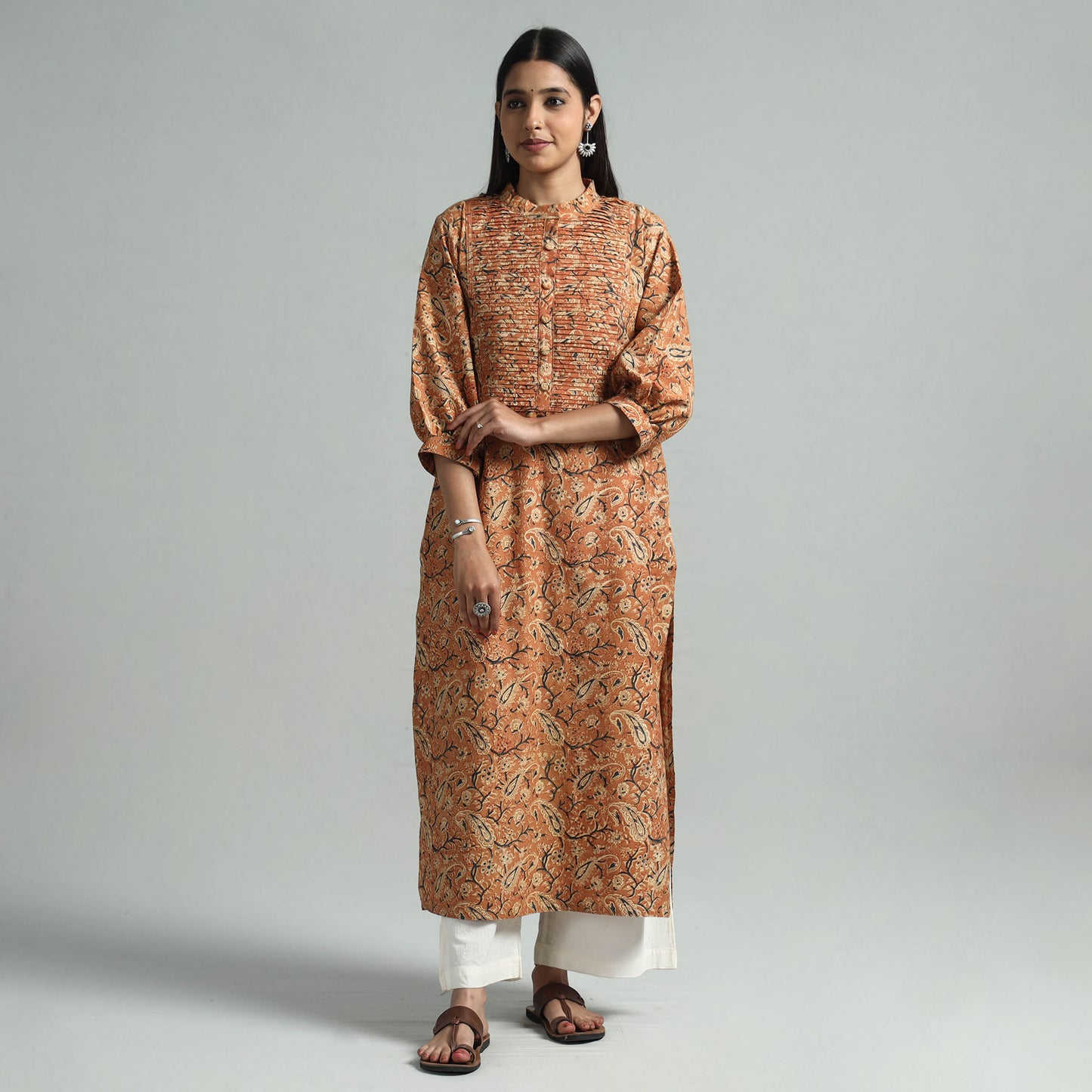 Orange - Pedana Kalamkari Hand Block Printed Cotton Pintuck Straight Kurta