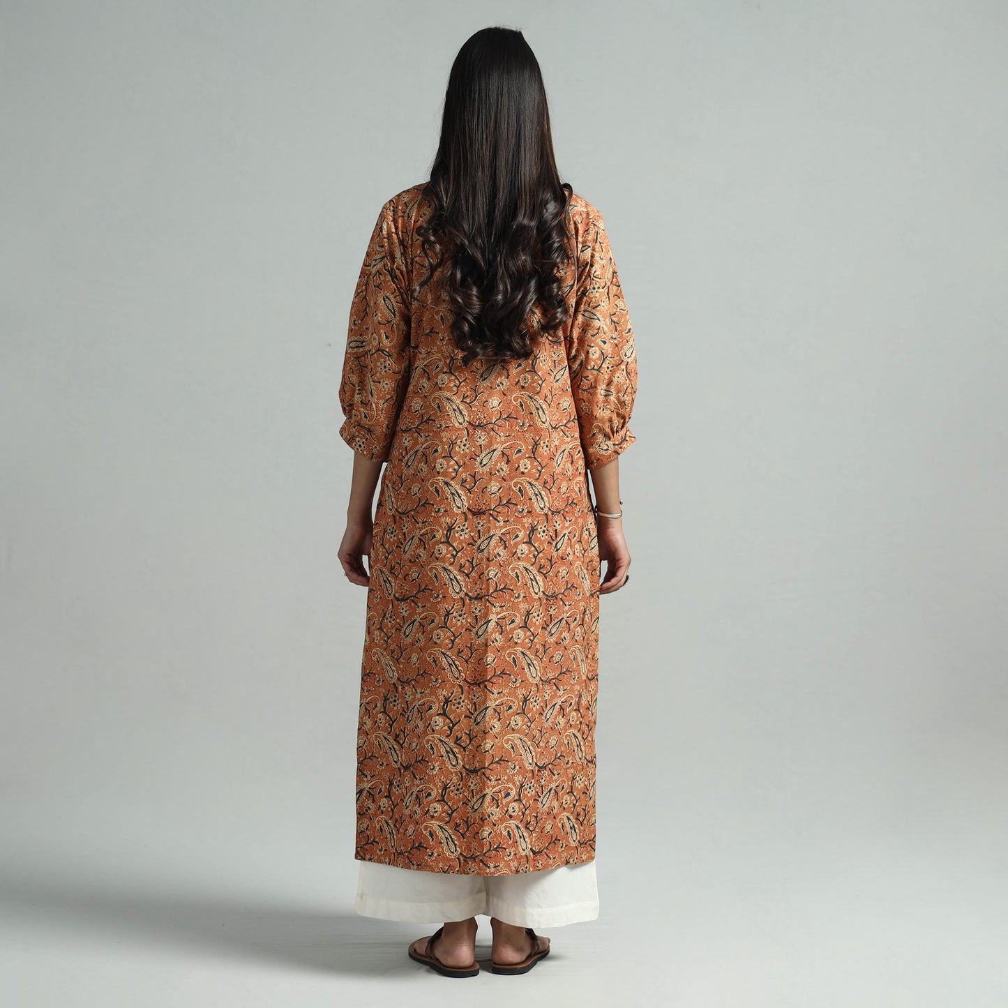 Orange - Pedana Kalamkari Hand Block Printed Cotton Pintuck Straight Kurta
