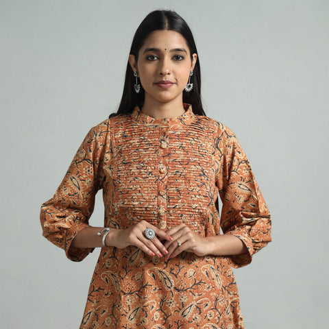 Orange - Pedana Kalamkari Hand Block Printed Cotton Pintuck Straight Kurta