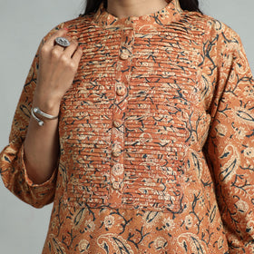 Orange - Pedana Kalamkari Hand Block Printed Cotton Pintuck Straight Kurta