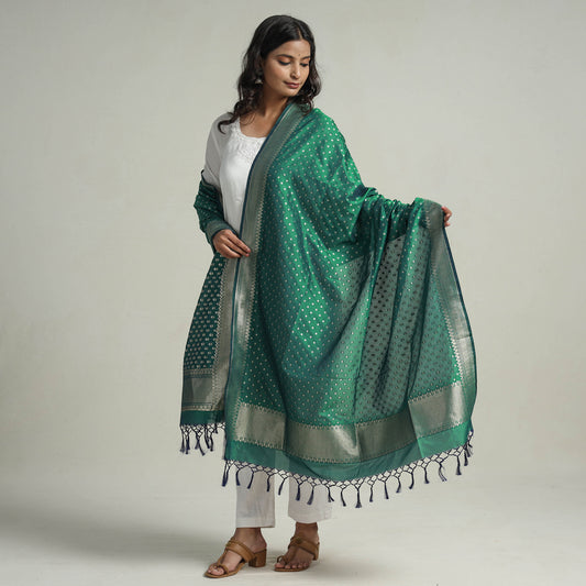 Green - Banarasi Semi Silk Zari Jaal Dupatta with Tassels 37