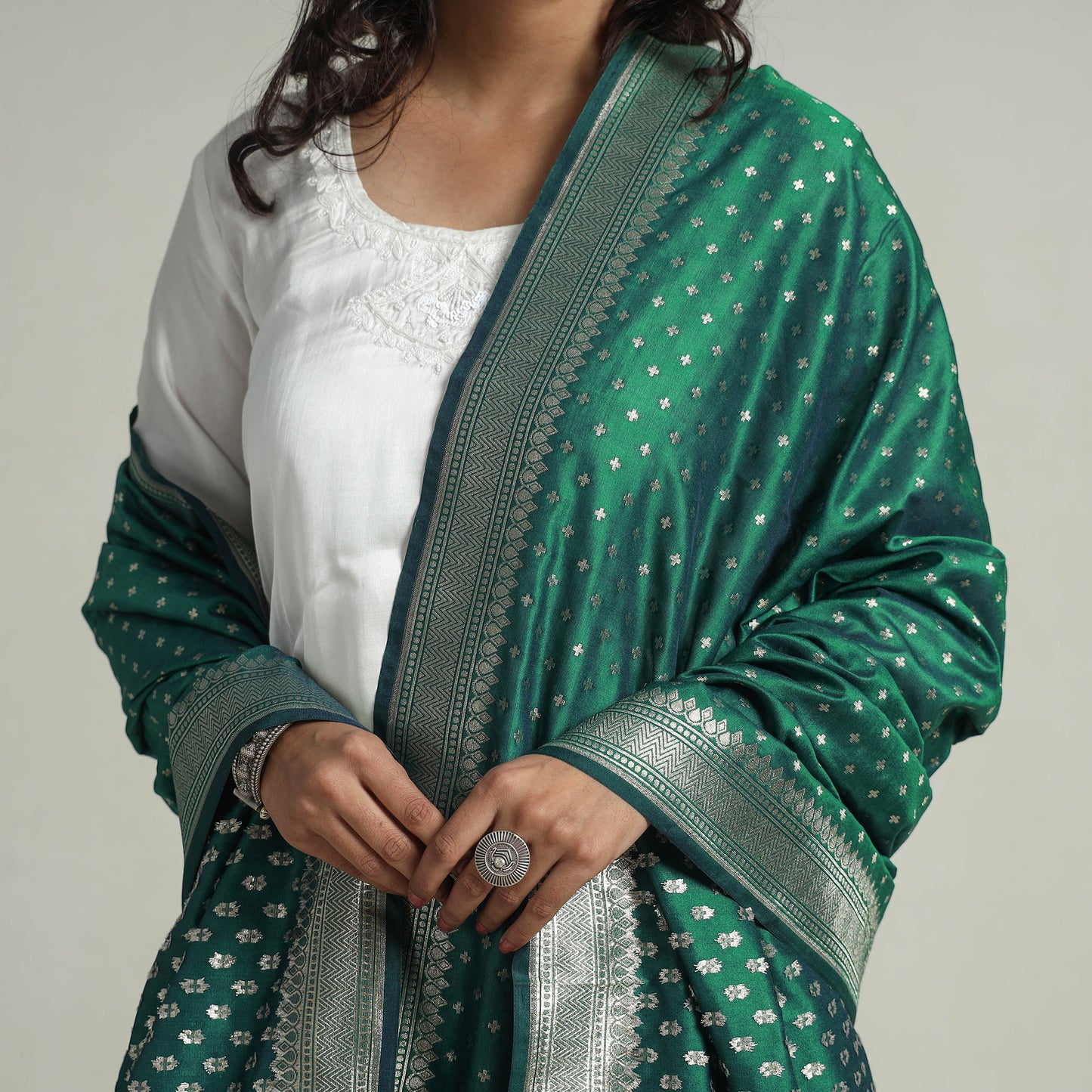 Green - Banarasi Semi Silk Zari Jaal Dupatta with Tassels 37