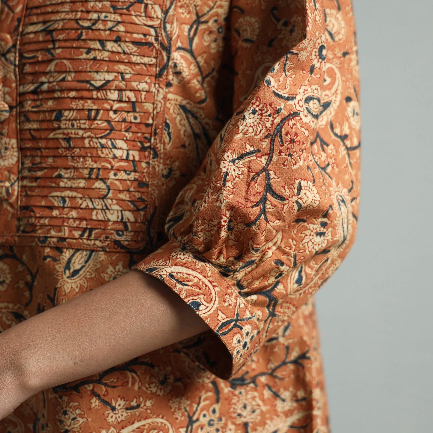 Orange - Pedana Kalamkari Hand Block Printed Cotton Pintuck Straight Kurta