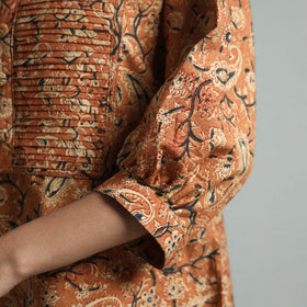 Orange - Pedana Kalamkari Hand Block Printed Cotton Pintuck Straight Kurta