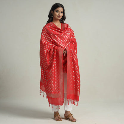 Red - Banarasi Semi Silk Zari Jaal Dupatta with Tassels 38