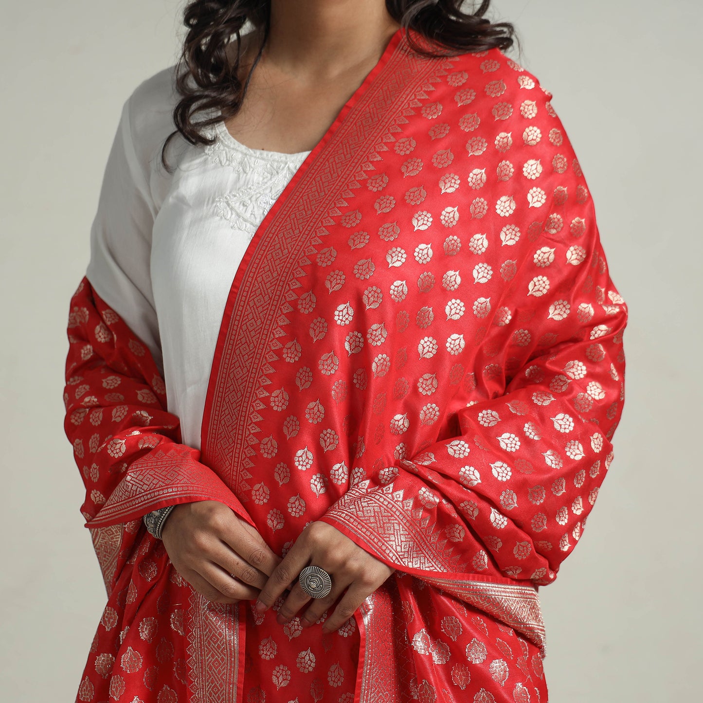 Red - Banarasi Semi Silk Zari Jaal Dupatta with Tassels 38