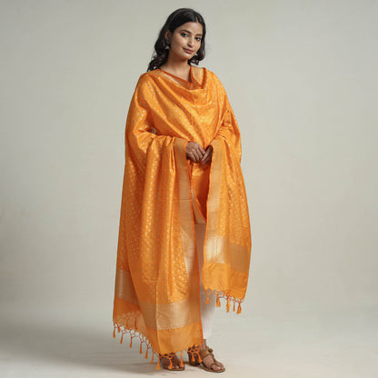 Orange - Banarasi Semi Silk Zari Jaal Dupatta with Tassels 39