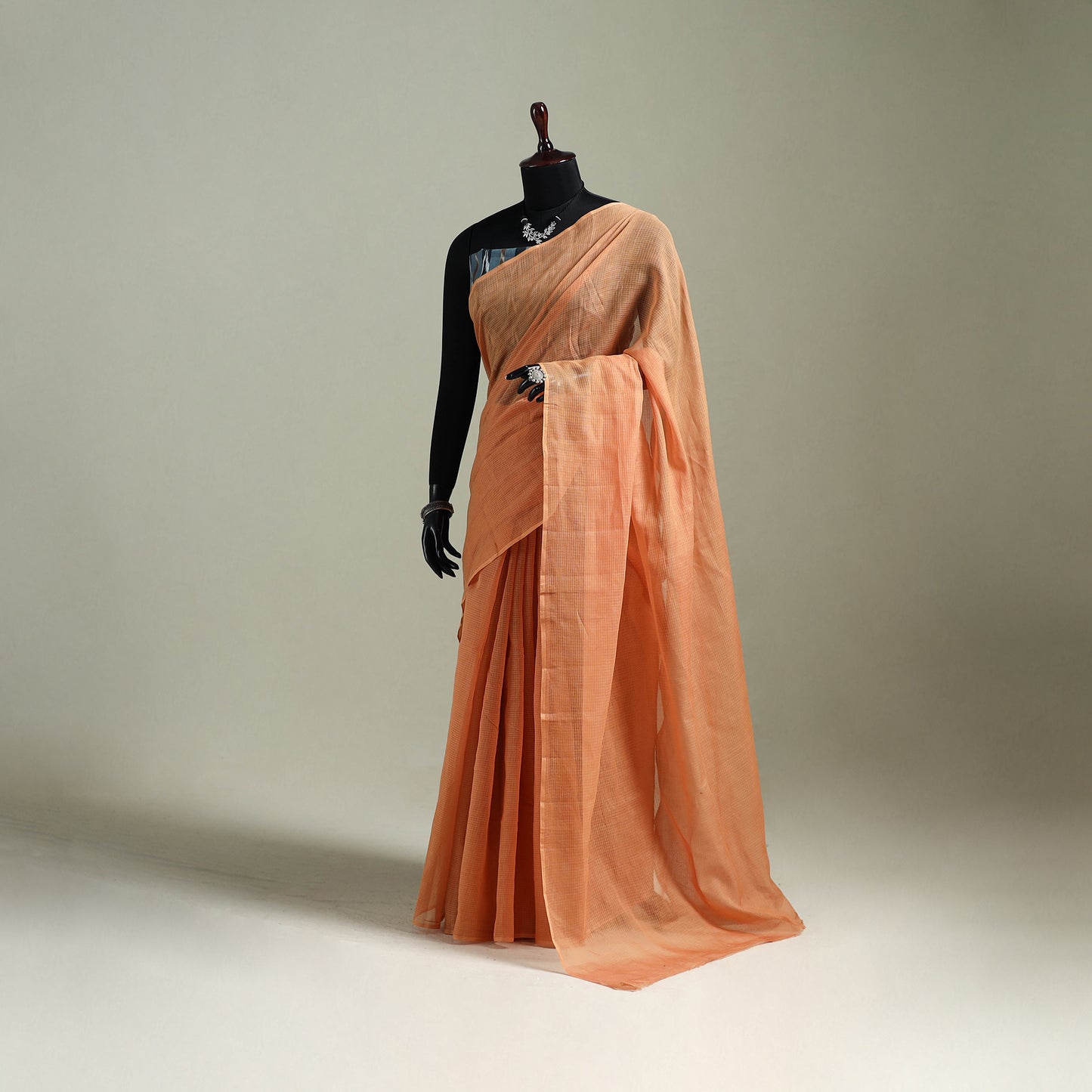 Peach - Nazaakat Kota Doria Cotton Plain Saree with Blouse & Jewellery Set 135