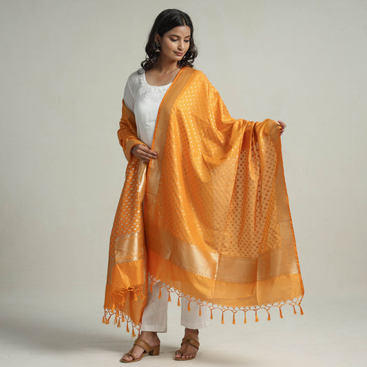 Orange - Banarasi Semi Silk Zari Jaal Dupatta with Tassels 39