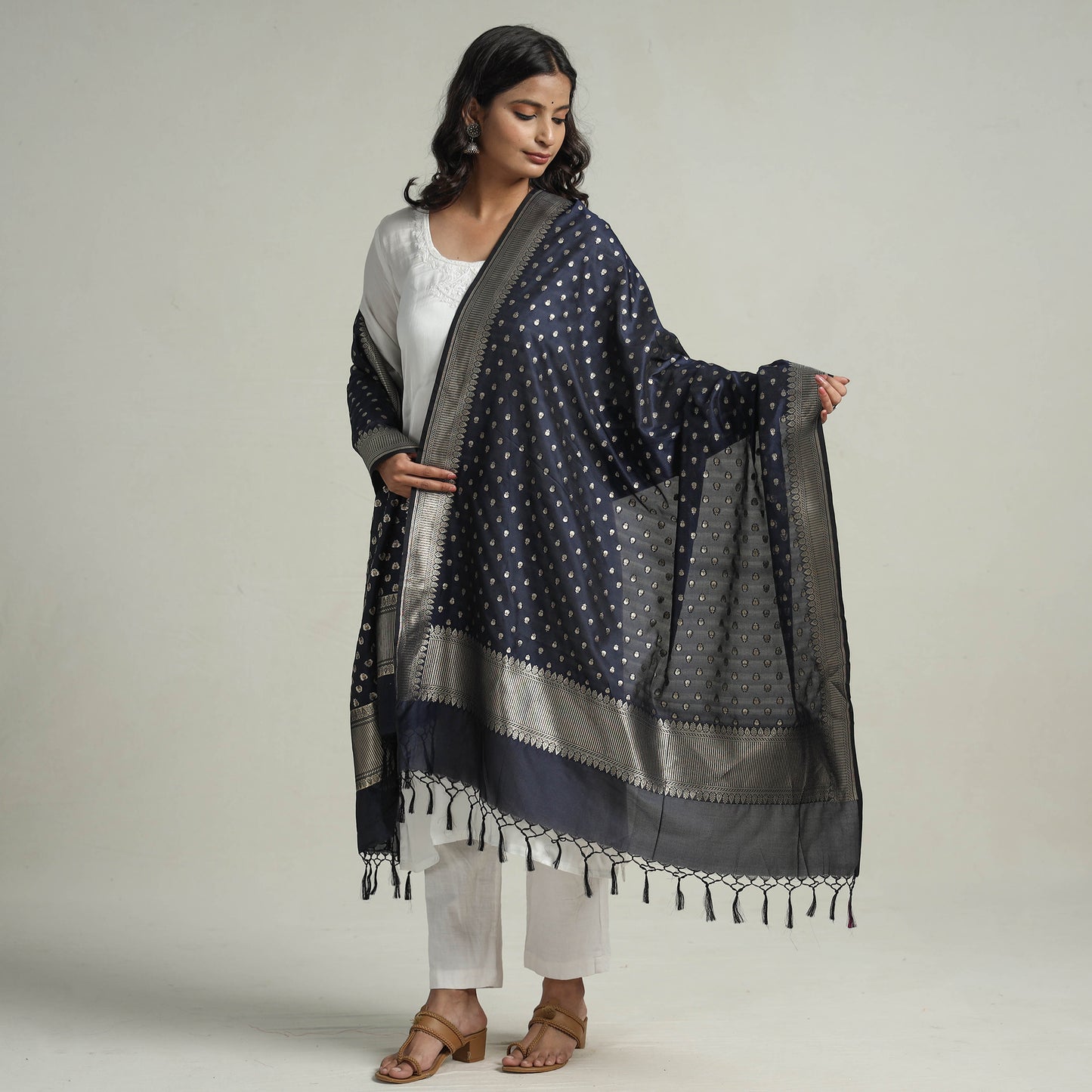 Blue - Banarasi Semi Silk Zari Jaal Dupatta with Tassels 40