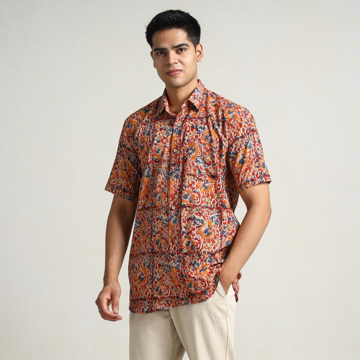 Maroon - Men Kalamkari Block Printed Cotton Half Sleeve Shirt