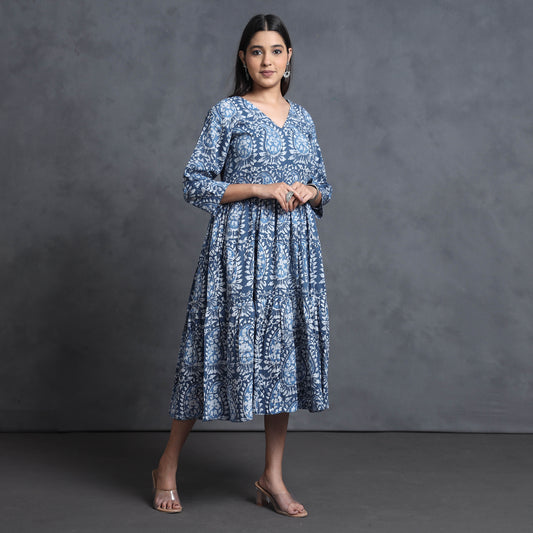Blue - Hand Batik Printed Cotton Flared Gher Dress