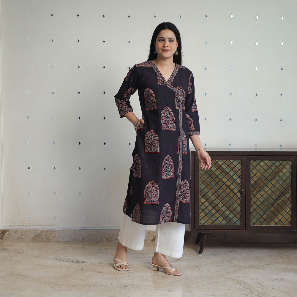 Black - Block Printed Cotton Straight Ajrakh Kurta 36